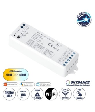 GloboStar® 71468 WT1 SKYDANCE DC WiFi & RF 2.4Ghz Dimmer High Speed Controller 2 Καναλιών DC 12-36V 2 x 5A 180W - Max 10A 180W - IP20 Μ11.5 x Π3.5 x Υ2cm - 5 Years Warranty